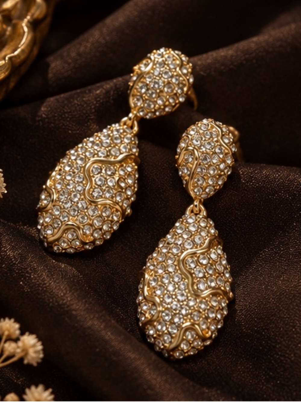 Luxury Gold Crystal Teardrop Earrings Pavé Rhinestone Sculptural Jewelry
